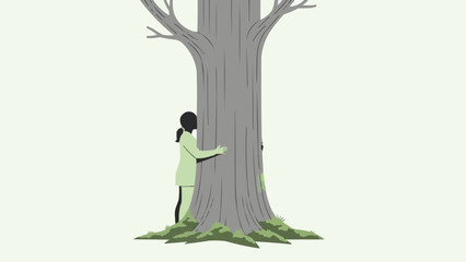 大きな木の幹を抱きしめる人、自然とのつながり、環境保護、屋外の森の風景、環境に優しいライフスタイル