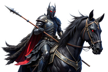 Fototapeta premium Knight in dark armor on black horse with red eyes isolated on a white background