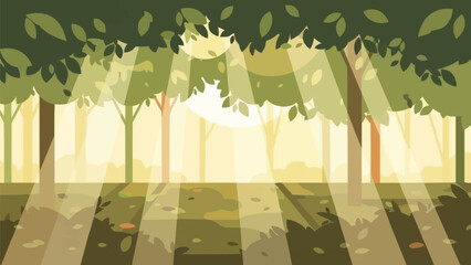 濃い緑の森の樹冠を通して差し込む太陽の光、夏の森の木々を通して差し込む太陽の光、自然の森林浴の風景