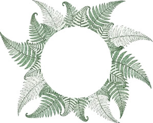植物のシダの葉の円形フレームの境界線、緑の線画のイラスト、装飾的な自然の花輪、招待状、グリーティングカード、結婚式の文房具の花のデザイン