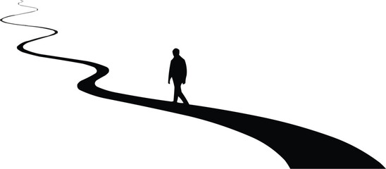 長く曲がりくねった道を歩く男性のシルエット、人生の旅のコンセプト、将来の道のイラスト、抽象的な人物のベクター、キャリアまたは個人の成長の表現
