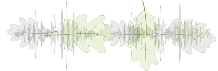 抽象的な音波を持つ緑のオークの葉、オーディオ周波数の自然の概念、環境に優しいデジタル波形、有機的な音の共鳴のイラスト