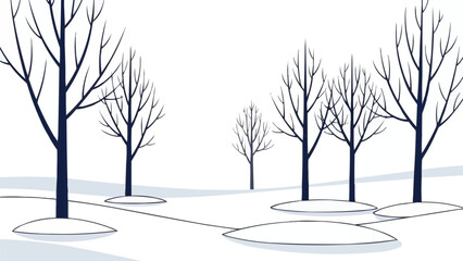 裸の木と雪の丘のある冬の風景、ミニマリストのベクターイラスト、静かな雪の森、冬の風景の背景、シンプルな自然のデザイン、寒い季節のベクター
