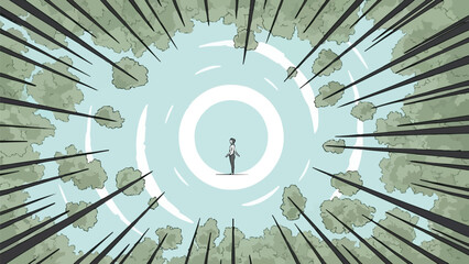 森林浴のシーン、抽象的な木々に囲まれた人物の俯瞰、ウェルネス自然体験、森での瞑想のベクターイラスト