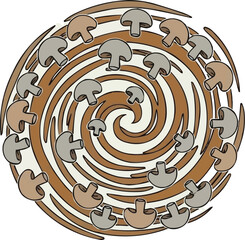 椎茸とマッシュルームをあしらった、様式化されたきのこの螺旋状の構図、自然と料理のイラスト、有機植物のデザイン、食品ベクターアート