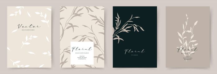 Floral elegant background set with hand drawn flower elements in neutral beige. Vector design templates for wedding invitation, card, poster, business card, flyer, social media, banner, label