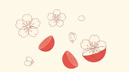 桜の枝と新鮮な日本の桃のスライス、夏のフルーツのベクターイラスト