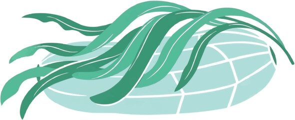 様式化された青い波の背景に日本の海藻昆布のイラスト、海藻ベクター、伝統的な日本食のデザイン