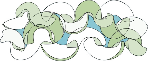 抽象的な絡み合った曲線形状のベクトル、緑と白のミニマリストの幾何学的な波パターン、モダンな流れるような線のイラスト