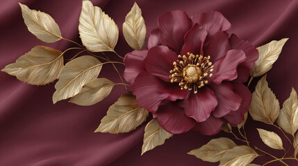 luxury burgundy flower with gold leaves elegant floral background for wall art wallpaper and branding