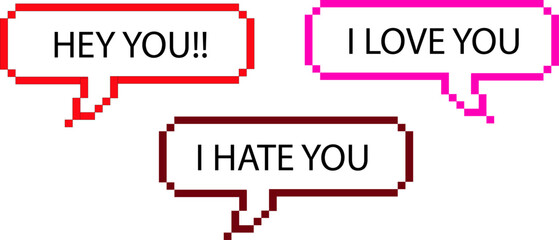 Retro pixel art speech bubbles conveying diverse emotions through digital messages attention, affection, and aversion, perfect for vintage-themed communication designs and nostalgic graphic projects