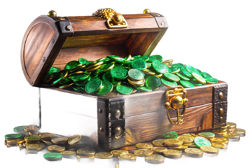 Open wooden treasure chest filled with green and gold coins on white isolated on a transparent background