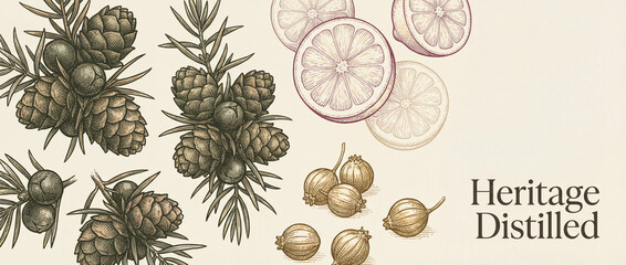 Engraved collection of pinecones and citrus slices showcases vintage artistry in elegant design
