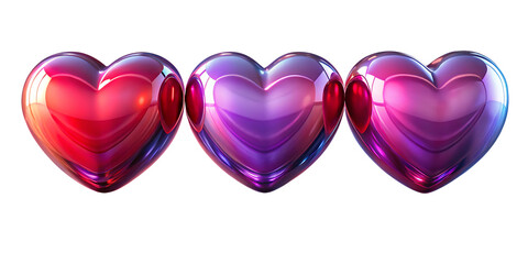 Three shiny hearts in pink and purple hues isolated on a transparent background.PNG,AI GENERATED 