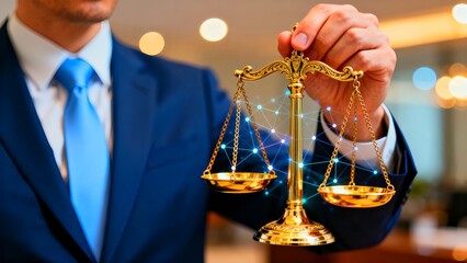Businessman holding a gold scale with digital network overlay in a professional setting confidently showcasing balance and fairness