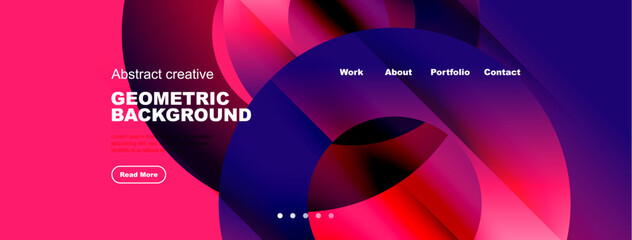 Vibrant abstract geometric background. Pink, purple, blue gradients create dynamic visual effect. Text elements present, navigation visible.