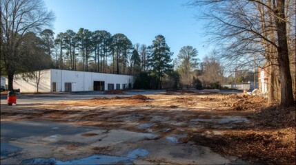 Cleared Ground Ready for Construction of New Business Lot Surrounded by Trees