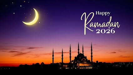 Obraz premium Ramadan Kareem festive background 2026 featuring glowing hanging lanterns and crescent moon, perfect for Islamic celebrations, Eid greetings, spiritual events, holiday designs, wallpapers, cards.