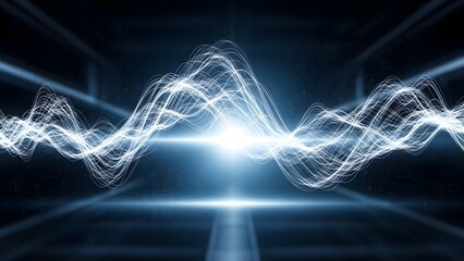 Dynamic abstract energy wave of glowing particles and light streaks on a dark digital background, representing data flow or sound visualization