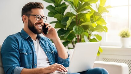 Happy young man talking on phone while working on laptop at home.