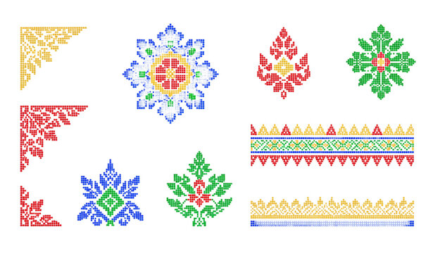 Thai pixel ornament vector set with geometric traditional patterns isolated on white background