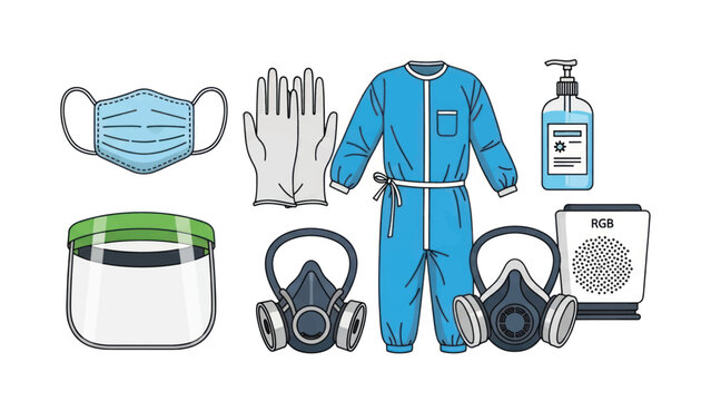 Set of protective safety gear including mask, gloves, coveralls, goggles, and sanitizer for infection control in healthcare and industrial settings.