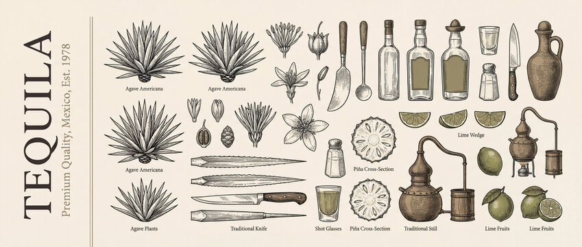 Engraved art showcasing the rich tradition of tequila making with agave plants and traditional tools
