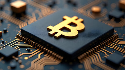 Bitcoin cryptocurrency chip on electronic circuit board with golden btc symbol, representing blockchain technology, digital currency mining, secure finance systems and decentralized computing