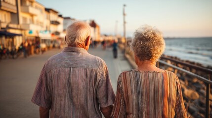 Senior Couple Walking Together on a Promenade During Early Morning Light in the City
