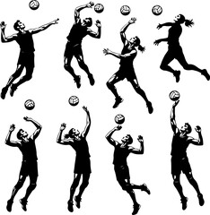 Abstract Black Silhouette Eight Volleyball Poses