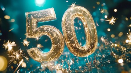 Festive Golden Jubilee Celebration Invitation with Fireworks Against a Lush Green Background