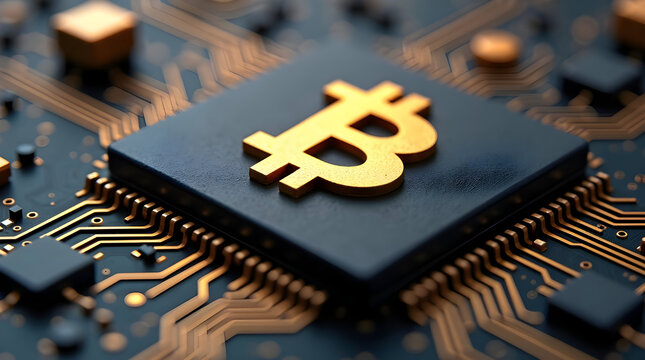 Bitcoin cryptocurrency chip on electronic circuit board with golden btc symbol, representing blockchain technology, digital currency mining, secure finance systems and decentralized computing - Powered by Adobe