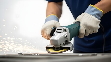Worker using angle grinder with sparks flying in industrial setting