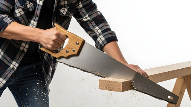 Man in plaid shirt cutting wood with handsaw