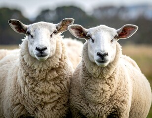 Close-up of two white sheep looking directly at the camera