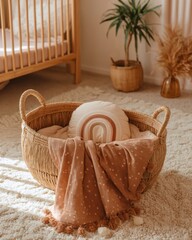 Peaceful Baby Sleeping in Cozy Basket with Soft Pillow and Blanket in Bright Room
