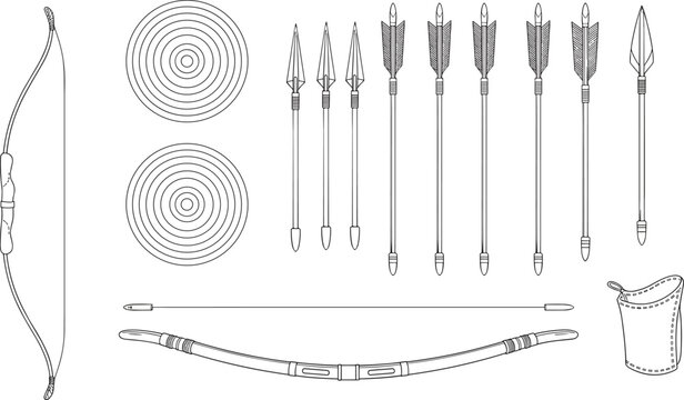 Archery equipment illustration set with bow, arrows, targets and quiver, traditional outline line art collection isolated on white background