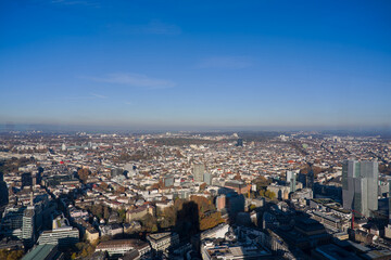 Aerial view from viewing platform of Main Tower platform with skyline and blue sky background on a sunny autumn day. Photo taken November 22nd, 2025, Frankfurt am Main, Germany.