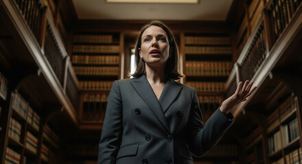 An authoritative woman in a suit stands in a classic library, gesturing as if giving a lecture, a concept of intellectual leadership, law, and education