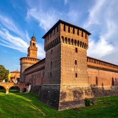 Naklejka premium Sforza Castle Tower and Walls Under Blue Sky