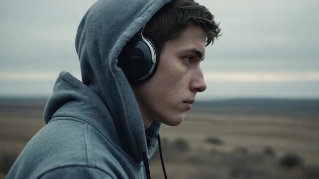 Young man listens to music while standing outdoors in a wide open field on a cloudy day