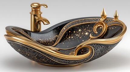Premium decorative bathroom sink with golden faucet high resolution picture