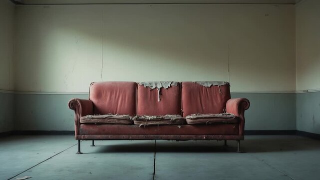 Old couch in empty room with peeling walls and worn floor at an abandoned place