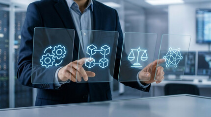 Businessman interacting with futuristic digital interface in modern office