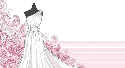 Elegant one-shoulder white gown on a mannequin with a decorative pink paisley pattern background and striped details.