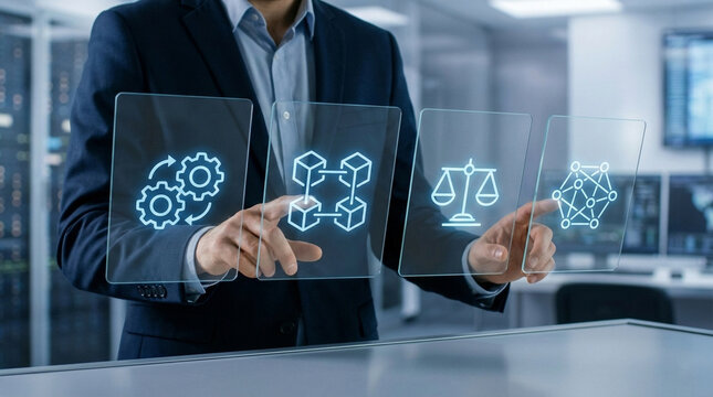 Businessman interacting with futuristic digital interface in modern office - Powered by Adobe