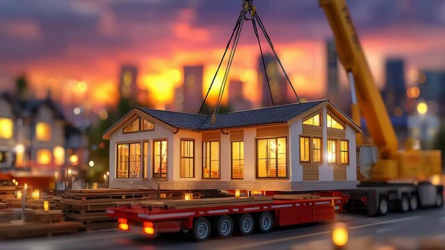 Modular home being lifted onto truck for relocation at sunset