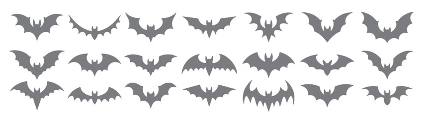 Fototapeta premium collection of gray bat silhouettes various sizes and shapes
