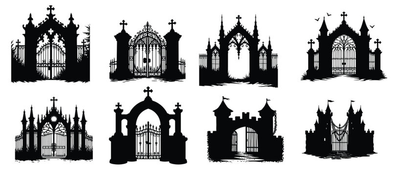 Collection of gothic cemetery gates and castle entrances