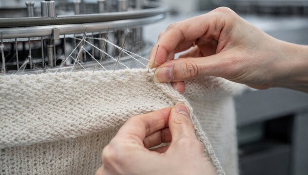 Closeup of hands knitting lightweight circular jersey fabric on a circular machine highlighting fine smooth texture and delicate yarn tension in a modern textile workshop.